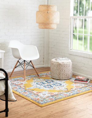 Yellow 4' x 4' Parker Square Area Rug Traditional Motif Classic Design Stain Resistant Carpet for Living, Dining, Bedrooms, Kitchen, Office for Sale at Rug Engine