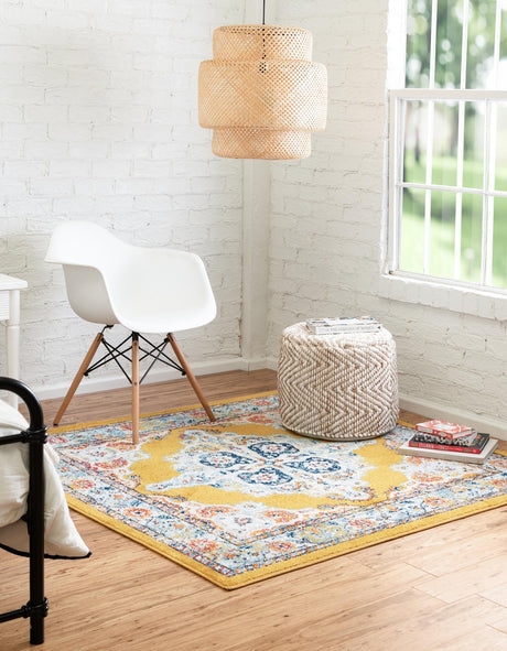 Yellow 4' x 4' Parker Square Area Rug Traditional Motif Classic Design Stain Resistant Carpet for Living, Dining, Bedrooms, Kitchen, Office for Sale at Rug Engine