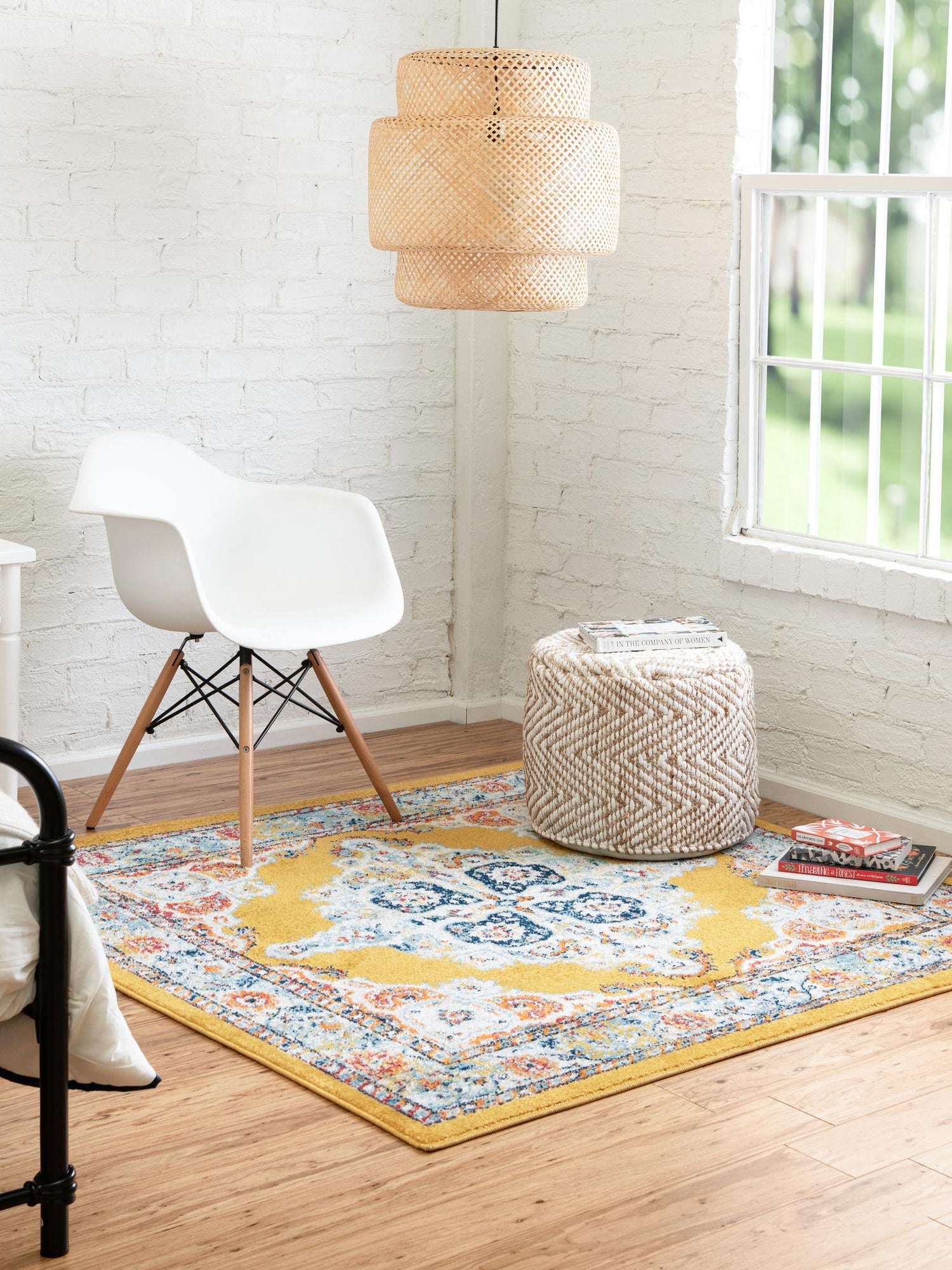 Yellow 7' 10 x 7' 10 Parker Square Area Rug Traditional Motif Classic Design Stain Resistant Carpet for Living, Dining, Bedrooms, Kitchen, Office for Sale at Rug Engine