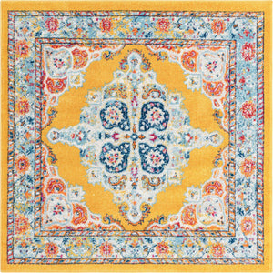 Yellow 5' x 5' Parker Square Area Rug Traditional Motif Classic Design Stain Resistant Carpet for Living, Dining, Bedrooms, Kitchen, Office for Sale at Rug Engine