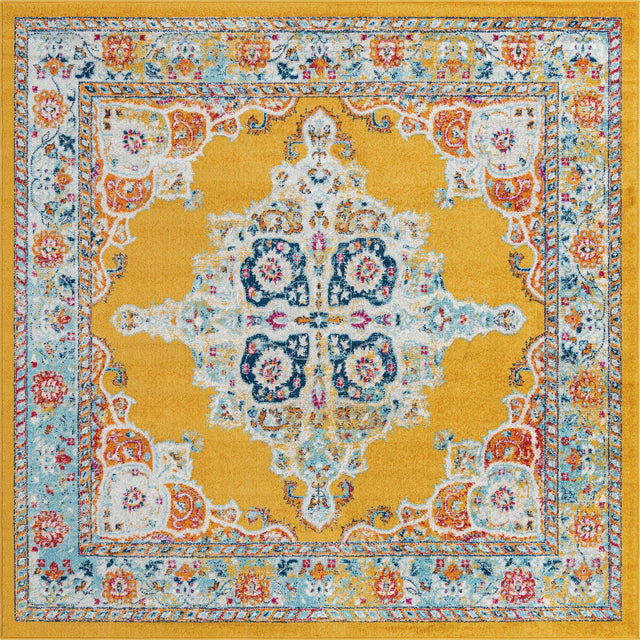 Yellow 7' 10 x 7' 10 Parker Square Area Rug Traditional Motif Classic Design Stain Resistant Carpet for Living, Dining, Bedrooms, Kitchen, Office for Sale at Rug Engine