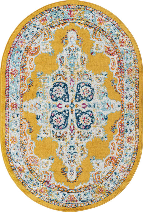 Yellow 4' x 6' Parker Oval Area Rug Traditional Motif Classic Design Stain Resistant Carpet for Living, Dining, Bedrooms, Kitchen, Office for Sale at Rug Engine