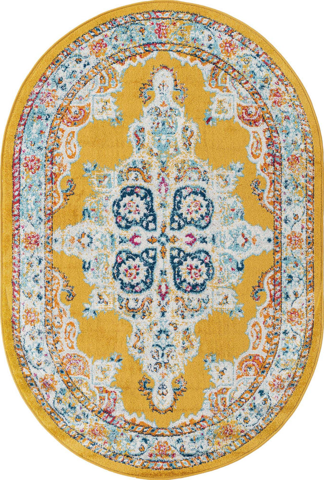 Yellow 4' x 6' Parker Oval Area Rug Traditional Motif Classic Design Stain Resistant Carpet for Living, Dining, Bedrooms, Kitchen, Office for Sale at Rug Engine