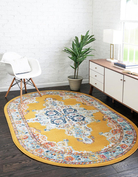 Yellow 4' x 6' Parker Oval Area Rug Traditional Motif Classic Design Stain Resistant Carpet for Living, Dining, Bedrooms, Kitchen, Office for Sale at Rug Engine