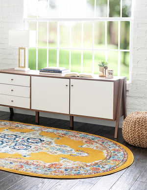 Yellow 7' 10 x 10' Parker Oval Area Rug Traditional Motif Classic Design Stain Resistant Carpet for Living, Dining, Bedrooms, Kitchen, Office for Sale at Rug Engine