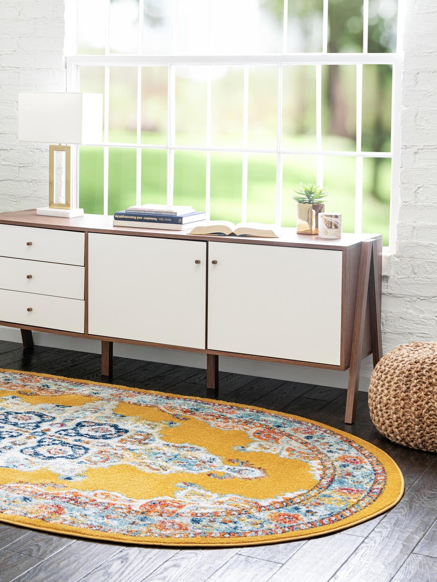 Yellow 5' x 8' Parker Oval Area Rug Traditional Motif Classic Design Stain Resistant Carpet for Living, Dining, Bedrooms, Kitchen, Office for Sale at Rug Engine