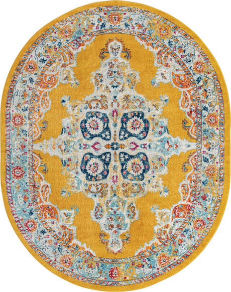 Yellow 7' 10 x 10' Parker Oval Area Rug Traditional Motif Classic Design Stain Resistant Carpet for Living, Dining, Bedrooms, Kitchen, Office for Sale at Rug Engine