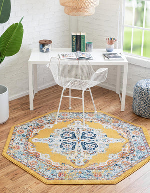 Yellow 7' 10 x 7' 10 Parker Octagon Area Rug Traditional Motif Classic Design Stain Resistant Carpet for Living, Dining, Bedrooms, Kitchen, Office for Sale at Rug Engine