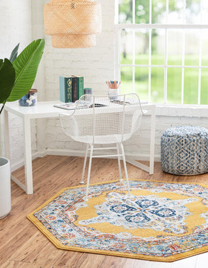 Yellow 5' x 5' Parker Octagon Area Rug Traditional Motif Classic Design Stain Resistant Carpet for Living, Dining, Bedrooms, Kitchen, Office for Sale at Rug Engine