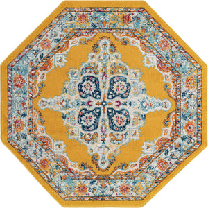 Yellow 5' x 5' Parker Octagon Area Rug Traditional Motif Classic Design Stain Resistant Carpet for Living, Dining, Bedrooms, Kitchen, Office for Sale at Rug Engine