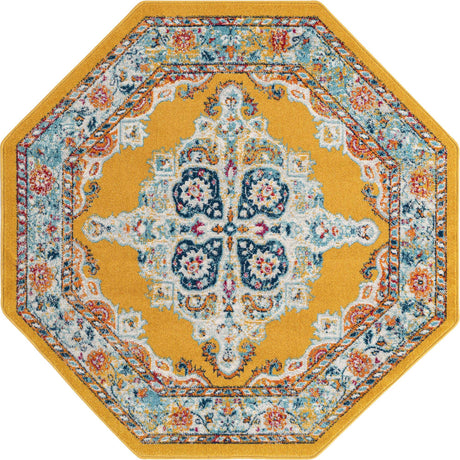 Yellow 5' x 5' Parker Octagon Area Rug Traditional Motif Classic Design Stain Resistant Carpet for Living, Dining, Bedrooms, Kitchen, Office for Sale at Rug Engine
