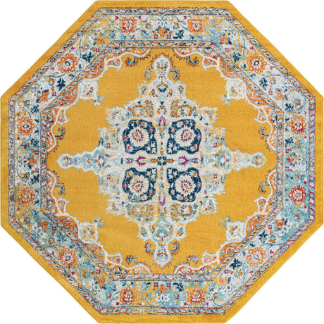 Yellow 7' 10 x 7' 10 Parker Octagon Area Rug Traditional Motif Classic Design Stain Resistant Carpet for Living, Dining, Bedrooms, Kitchen, Office for Sale at Rug Engine
