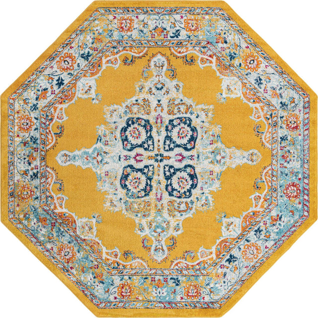 Yellow 7' 10 x 7' 10 Parker Octagon Area Rug Traditional Motif Classic Design Stain Resistant Carpet for Living, Dining, Bedrooms, Kitchen, Office for Sale at Rug Engine