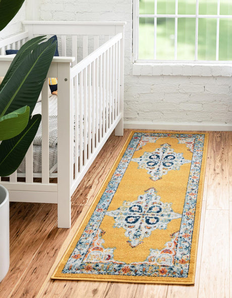 Yellow 2' 7 x 12' Parker Runner Area Rug Traditional Motif Classic Design Stain Resistant Carpet for Living, Dining, Bedrooms, Kitchen, Office for Sale at Rug Engine