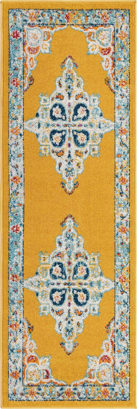 Yellow 2' x 6' Parker Runner Area Rug Traditional Motif Classic Design Stain Resistant Carpet for Living, Dining, Bedrooms, Kitchen, Office for Sale at Rug Engine