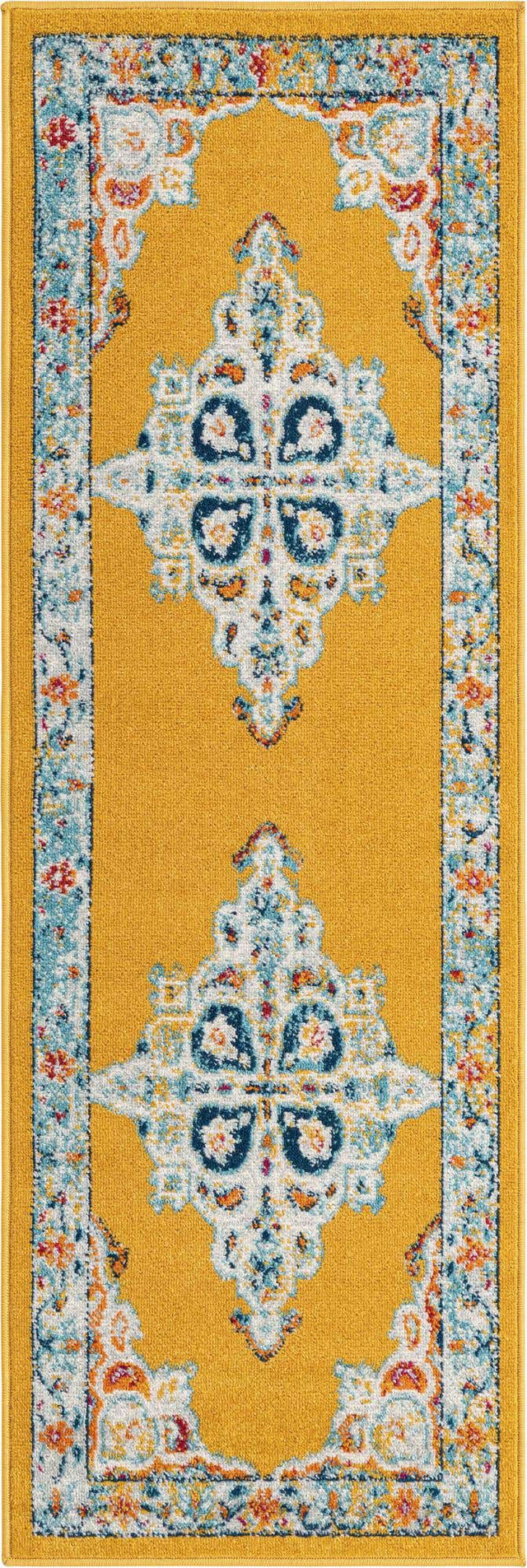 Yellow 2' x 6' Parker Runner Area Rug Traditional Motif Classic Design Stain Resistant Carpet for Living, Dining, Bedrooms, Kitchen, Office for Sale at Rug Engine