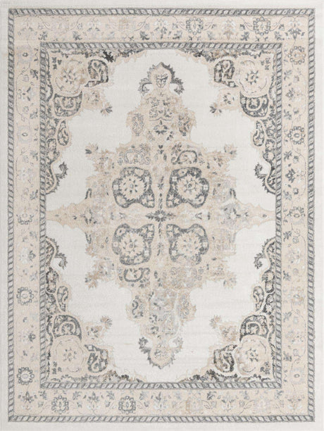 Ivory 9' x 12' Parker Rectangle Area Rug Traditional Motif Classic Design Stain Resistant Carpet for Living, Dining, Bedrooms, Kitchen, Office for Sale at Rug Engine