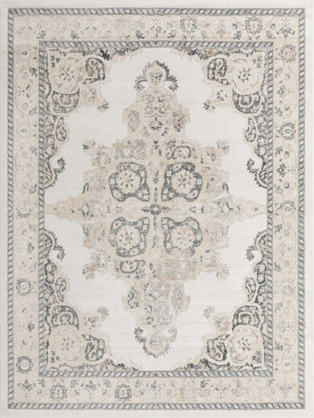 Ivory 9' x 12' Parker Rectangle Area Rug Traditional Motif Classic Design Stain Resistant Carpet for Living, Dining, Bedrooms, Kitchen, Office for Sale at Rug Engine