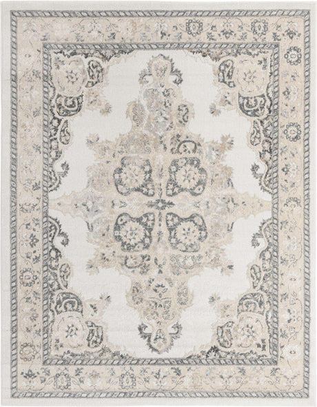 Ivory 7' 10 x 10' Parker Rectangle Area Rug Traditional Motif Classic Design Stain Resistant Carpet for Living, Dining, Bedrooms, Kitchen, Office for Sale at Rug Engine