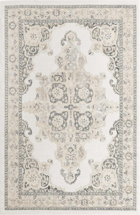 Ivory 6' x 9' Parker Rectangle Area Rug Traditional Motif Classic Design Stain Resistant Carpet for Living, Dining, Bedrooms, Kitchen, Office for Sale at Rug Engine