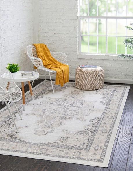 Ivory 7' x 10' Parker Rectangle Area Rug Traditional Motif Classic Design Stain Resistant Carpet for Living, Dining, Bedrooms, Kitchen, Office for Sale at Rug Engine