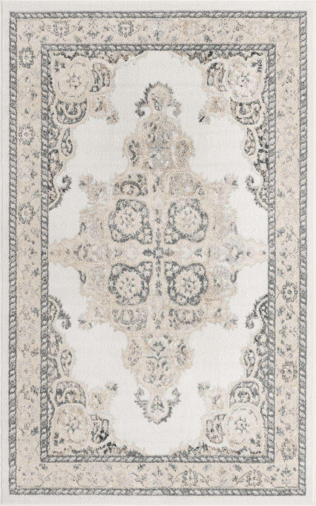 Ivory 5' x 8' Parker Rectangle Area Rug Traditional Motif Classic Design Stain Resistant Carpet for Living, Dining, Bedrooms, Kitchen, Office for Sale at Rug Engine
