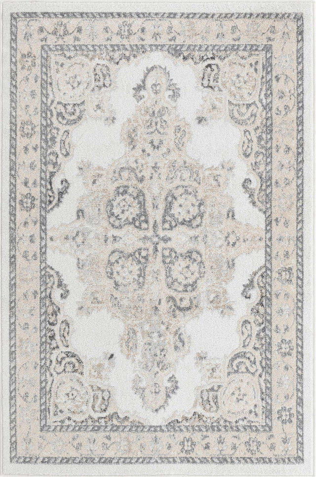Ivory 4' x 6' Parker Rectangle Area Rug Traditional Motif Classic Design Stain Resistant Carpet for Living, Dining, Bedrooms, Kitchen, Office for Sale at Rug Engine