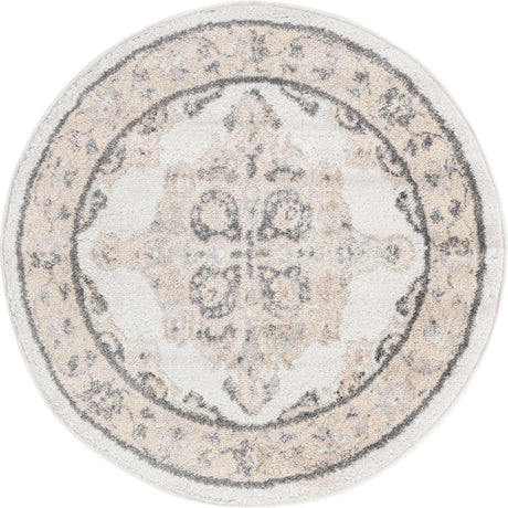 Ivory 3' 3 x 3' 3 Parker Round Area Rug Traditional Motif Classic Design Stain Resistant Carpet for Living, Dining, Bedrooms, Kitchen, Office for Sale at Rug Engine