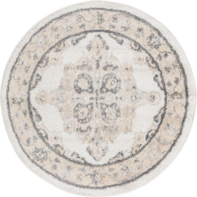Ivory 3' 3 x 3' 3 Parker Round Area Rug Traditional Motif Classic Design Stain Resistant Carpet for Living, Dining, Bedrooms, Kitchen, Office for Sale at Rug Engine