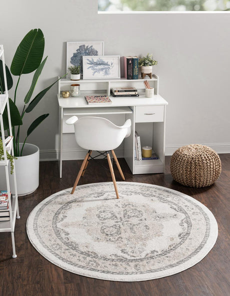 Ivory 3' 3 x 3' 3 Parker Round Area Rug Traditional Motif Classic Design Stain Resistant Carpet for Living, Dining, Bedrooms, Kitchen, Office for Sale at Rug Engine