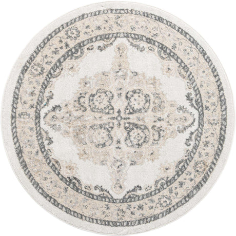 Ivory 5' x 5' Parker Round Area Rug Traditional Motif Classic Design Stain Resistant Carpet for Living, Dining, Bedrooms, Kitchen, Office for Sale at Rug Engine