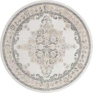 Ivory 7' 10 x 7' 10 Parker Round Area Rug Traditional Motif Classic Design Stain Resistant Carpet for Living, Dining, Bedrooms, Kitchen, Office for Sale at Rug Engine