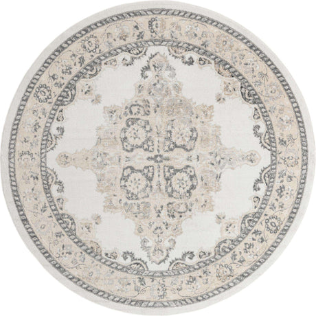 Ivory 7' 10 x 7' 10 Parker Round Area Rug Traditional Motif Classic Design Stain Resistant Carpet for Living, Dining, Bedrooms, Kitchen, Office for Sale at Rug Engine