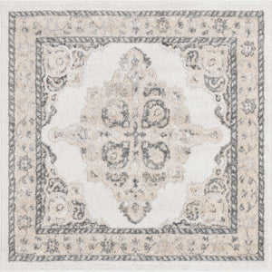 Ivory 4' x 4' Parker Square Area Rug Traditional Motif Classic Design Stain Resistant Carpet for Living, Dining, Bedrooms, Kitchen, Office for Sale at Rug Engine