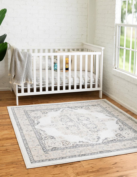 Ivory 4' x 4' Parker Square Area Rug Traditional Motif Classic Design Stain Resistant Carpet for Living, Dining, Bedrooms, Kitchen, Office for Sale at Rug Engine