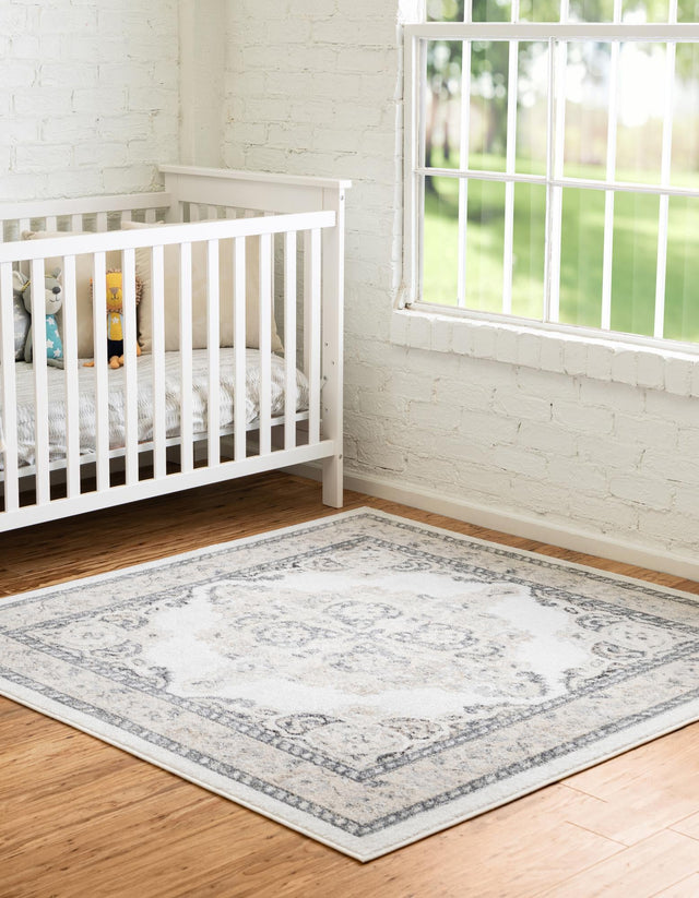 Ivory 5' x 5' Parker Square Area Rug Traditional Motif Classic Design Stain Resistant Carpet for Living, Dining, Bedrooms, Kitchen, Office for Sale at Rug Engine