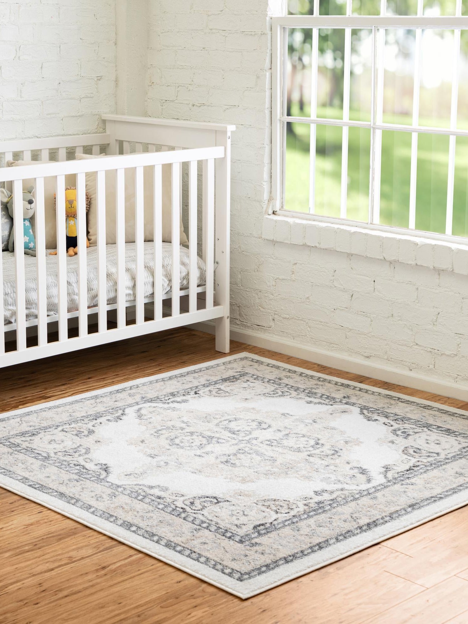 Ivory 7' 10 x 7' 10 Parker Square Area Rug Traditional Motif Classic Design Stain Resistant Carpet for Living, Dining, Bedrooms, Kitchen, Office for Sale at Rug Engine