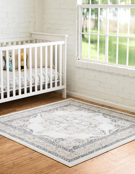 Ivory 7' 10 x 7' 10 Parker Square Area Rug Traditional Motif Classic Design Stain Resistant Carpet for Living, Dining, Bedrooms, Kitchen, Office for Sale at Rug Engine