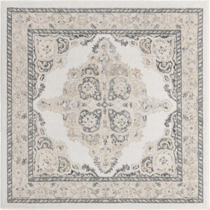 Ivory 5' x 5' Parker Square Area Rug Traditional Motif Classic Design Stain Resistant Carpet for Living, Dining, Bedrooms, Kitchen, Office for Sale at Rug Engine
