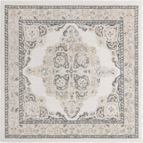 Ivory 5' x 5' Parker Square Area Rug Traditional Motif Classic Design Stain Resistant Carpet for Living, Dining, Bedrooms, Kitchen, Office for Sale at Rug Engine
