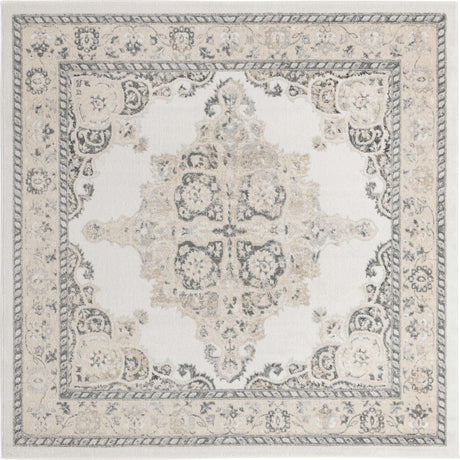 Ivory 7' 10 x 7' 10 Parker Square Area Rug Traditional Motif Classic Design Stain Resistant Carpet for Living, Dining, Bedrooms, Kitchen, Office for Sale at Rug Engine