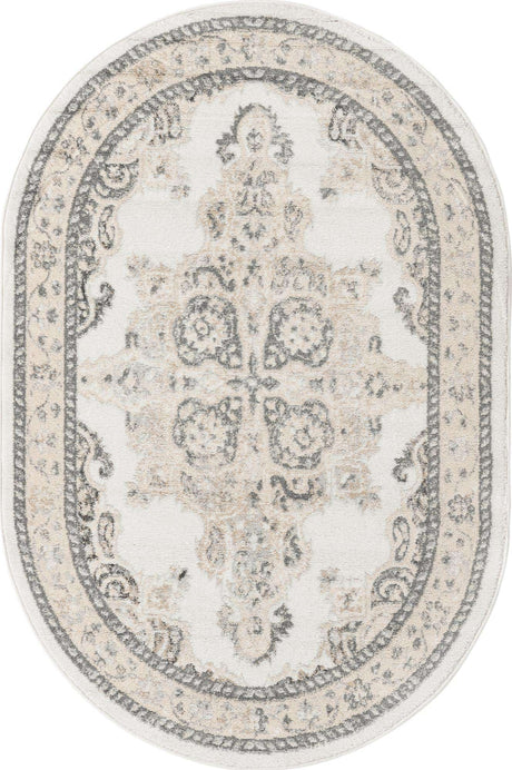 Ivory 4' x 6' Parker Oval Area Rug Traditional Motif Classic Design Stain Resistant Carpet for Living, Dining, Bedrooms, Kitchen, Office for Sale at Rug Engine