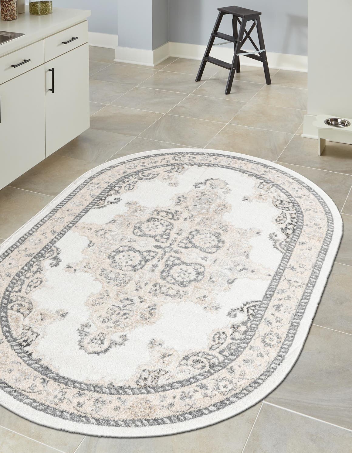 Ivory 7' 10 x 10' Parker Oval Area Rug Traditional Motif Classic Design Stain Resistant Carpet for Living, Dining, Bedrooms, Kitchen, Office for Sale at Rug Engine