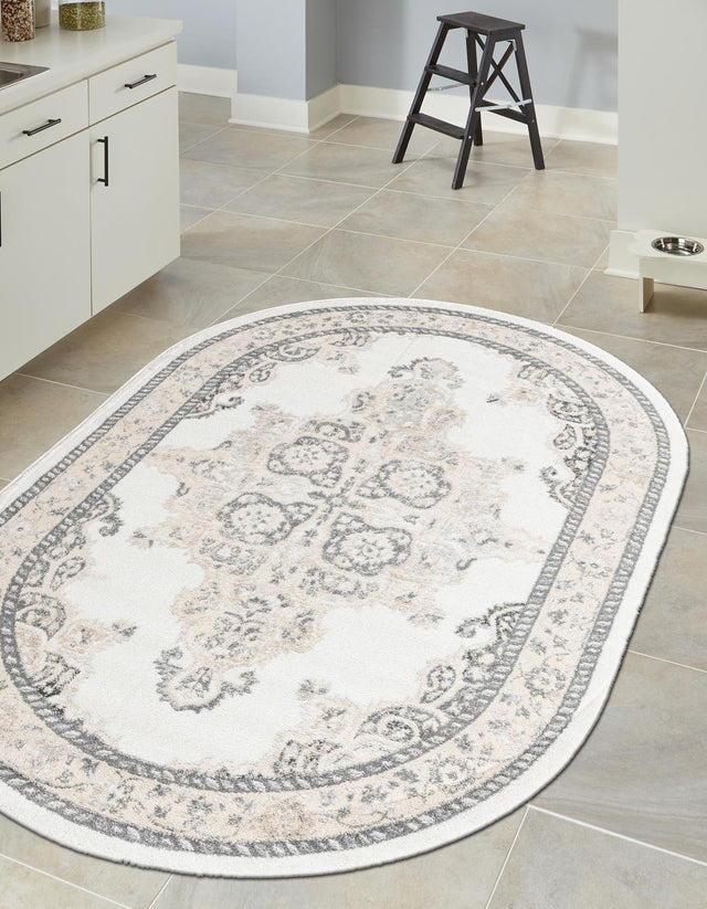 Ivory 7' 10 x 10' Parker Oval Area Rug Traditional Motif Classic Design Stain Resistant Carpet for Living, Dining, Bedrooms, Kitchen, Office for Sale at Rug Engine