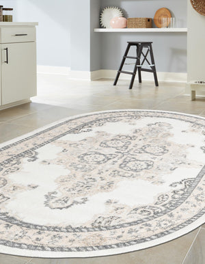 Ivory 7' 10 x 10' Parker Oval Area Rug Traditional Motif Classic Design Stain Resistant Carpet for Living, Dining, Bedrooms, Kitchen, Office for Sale at Rug Engine