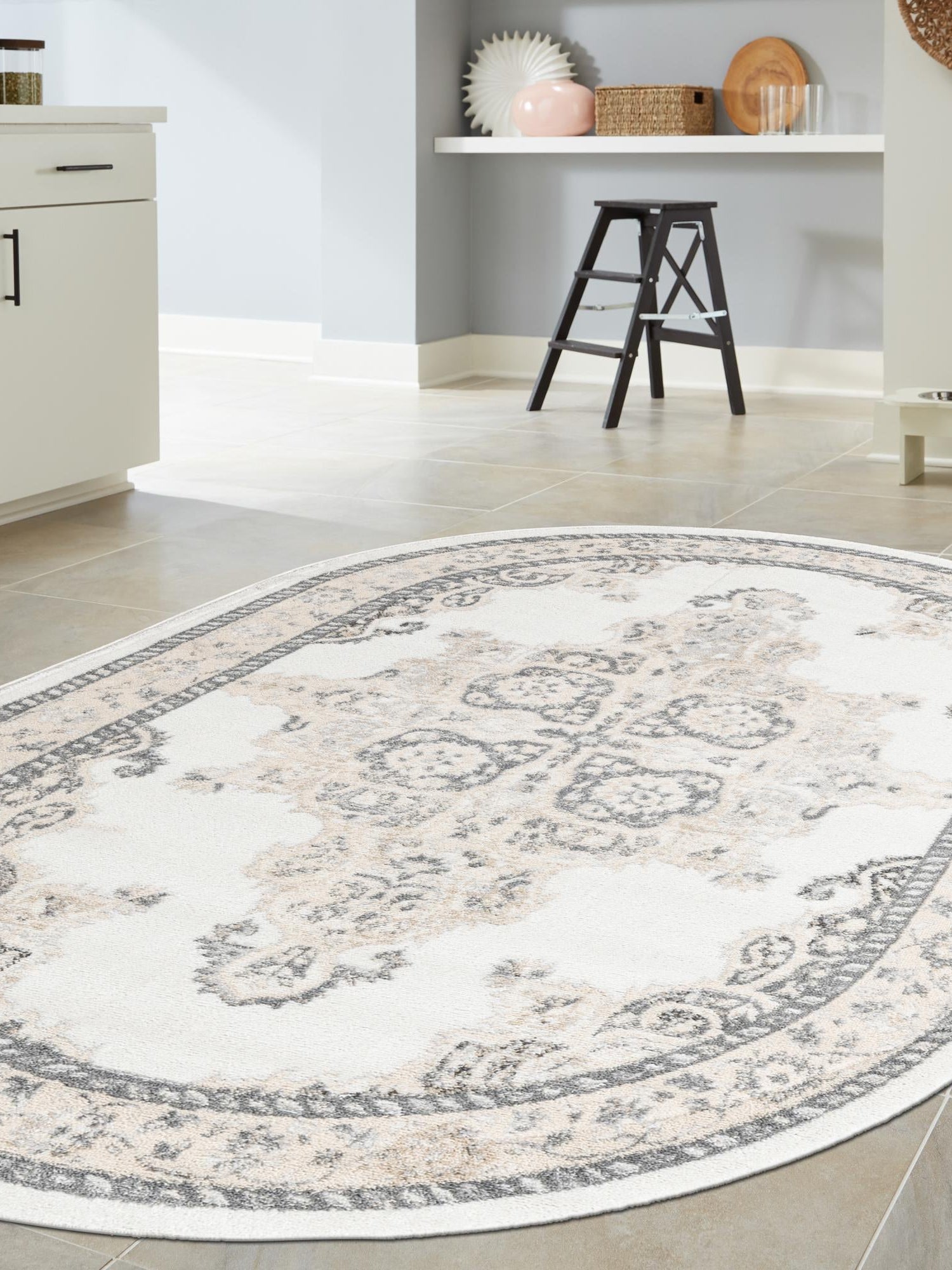 Ivory 4' x 6' Parker Oval Area Rug Traditional Motif Classic Design Stain Resistant Carpet for Living, Dining, Bedrooms, Kitchen, Office for Sale at Rug Engine