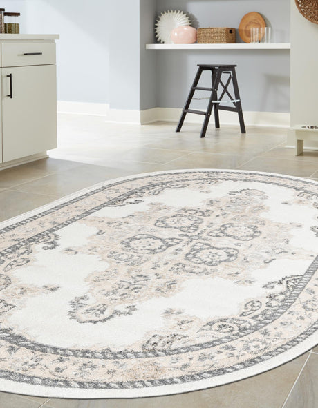 Ivory 5' x 8' Parker Oval Area Rug Traditional Motif Classic Design Stain Resistant Carpet for Living, Dining, Bedrooms, Kitchen, Office for Sale at Rug Engine