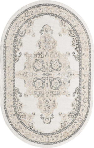 Ivory 5' x 8' Parker Oval Area Rug Traditional Motif Classic Design Stain Resistant Carpet for Living, Dining, Bedrooms, Kitchen, Office for Sale at Rug Engine