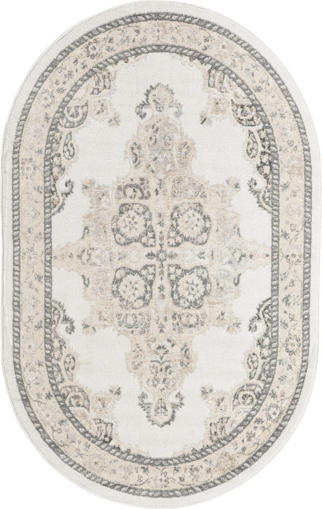 Ivory 5' x 8' Parker Oval Area Rug Traditional Motif Classic Design Stain Resistant Carpet for Living, Dining, Bedrooms, Kitchen, Office for Sale at Rug Engine