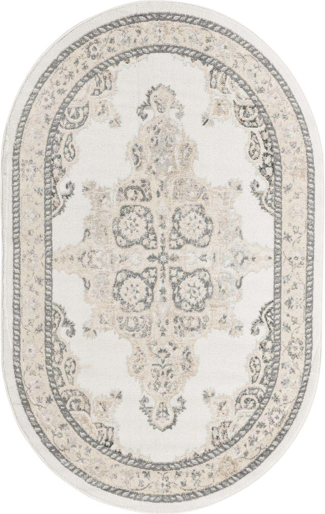 Ivory 5' x 8' Parker Oval Area Rug Traditional Motif Classic Design Stain Resistant Carpet for Living, Dining, Bedrooms, Kitchen, Office for Sale at Rug Engine